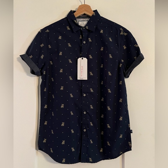 NWT Mens Denim & Flower Frenchie pattern navy blue cotton button down shirt - Picture 1 of 3
